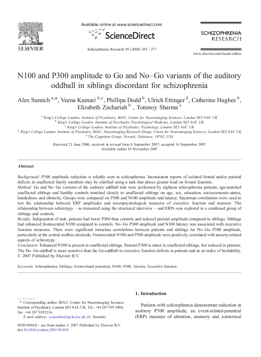 N100 and P300 amplitude to Go and No–Go variants of the auditory oddball in siblings discordant for schizophrenia