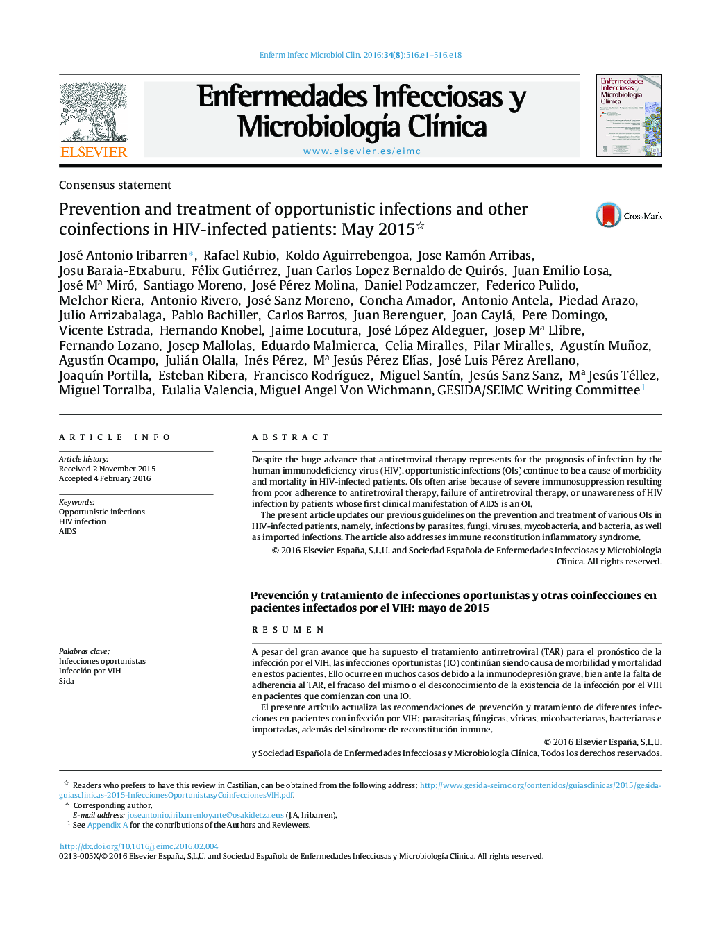 Prevention and treatment of opportunistic infections and other coinfections in HIV-infected patients: May 2015