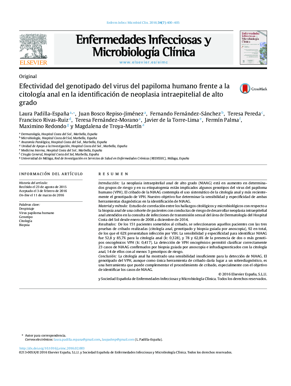 Efectividad del genotipado del virus del papiloma humano frente a la citologÃ­a anal en la identificación de neoplasia intraepitelial de alto grado