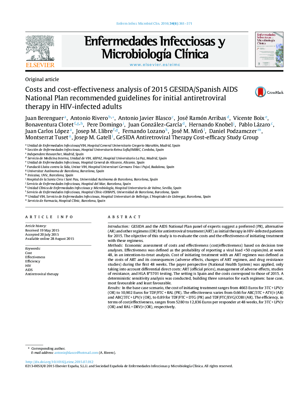 Costs and cost-effectiveness analysis of 2015 GESIDA/Spanish AIDS National Plan recommended guidelines for initial antiretroviral therapy in HIV-infected adults