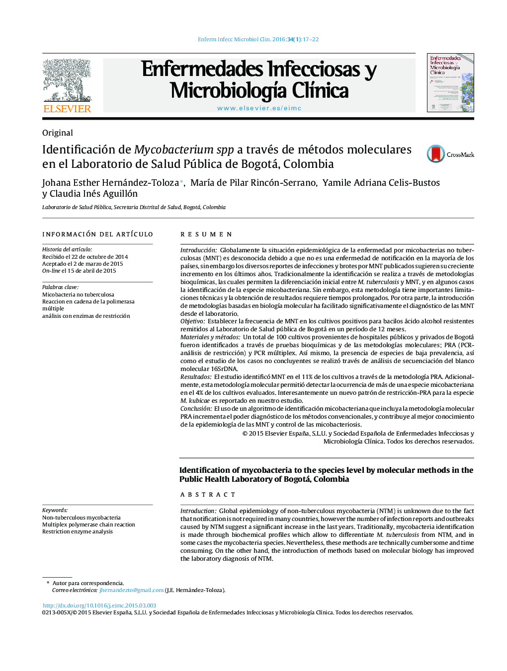 Identificación de Mycobacterium spp a través de métodos moleculares en el Laboratorio de Salud Pública de Bogotá, Colombia