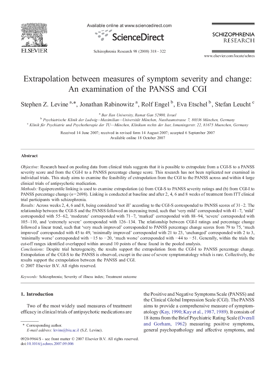 Extrapolation between measures of symptom severity and change: An examination of the PANSS and CGI