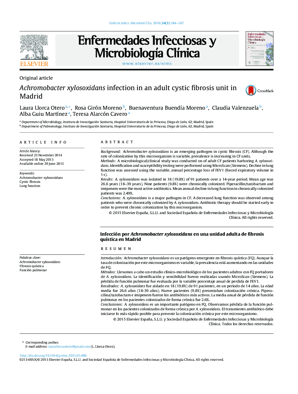 عفونت Achromobacter xylosoxidans در واحد فیبروز کیستیک بزرگسالان در مادرید