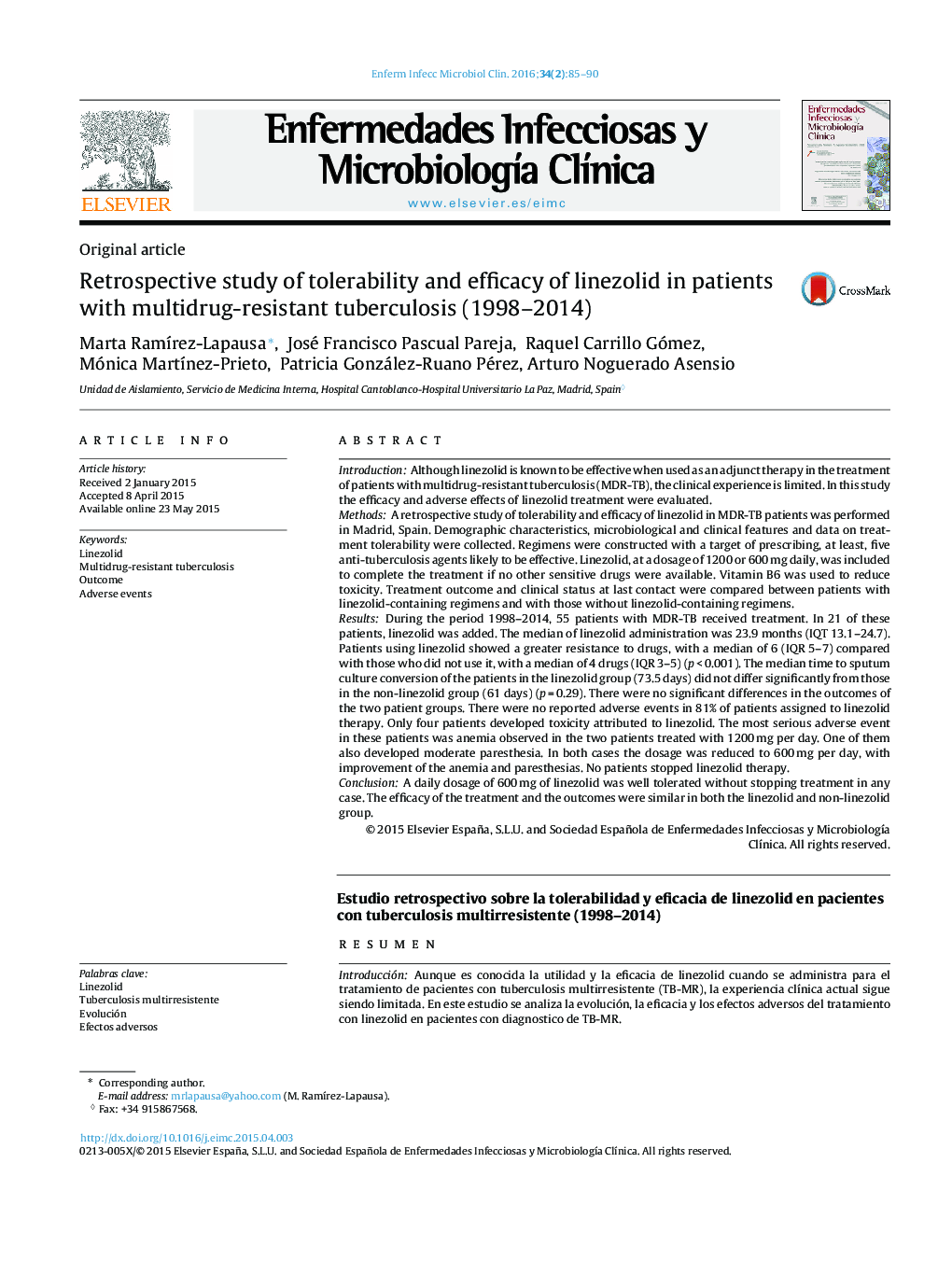 Retrospective study of tolerability and efficacy of linezolid in patients with multidrug-resistant tuberculosis (1998–2014)