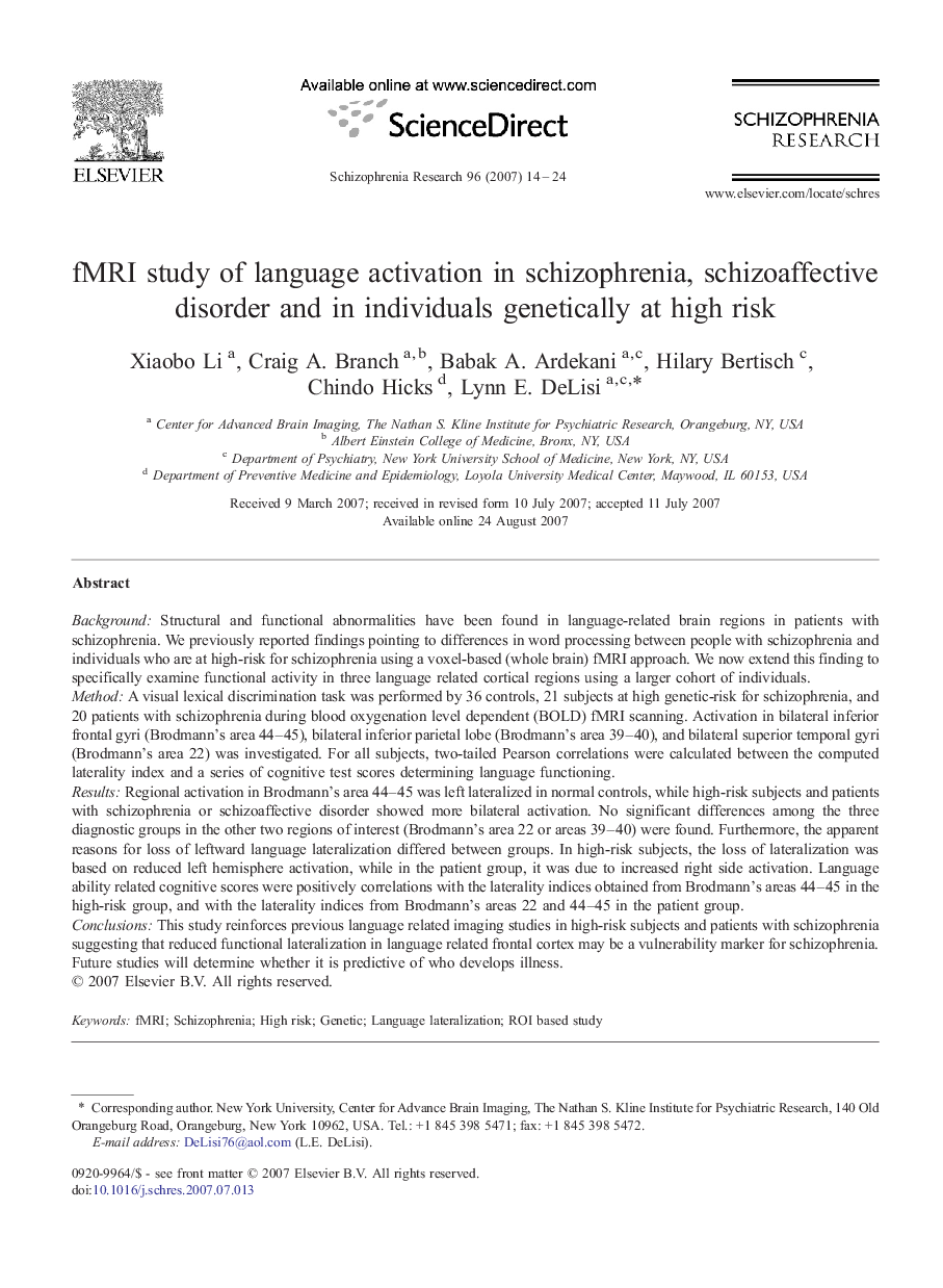 fMRI study of language activation in schizophrenia, schizoaffective disorder and in individuals genetically at high risk