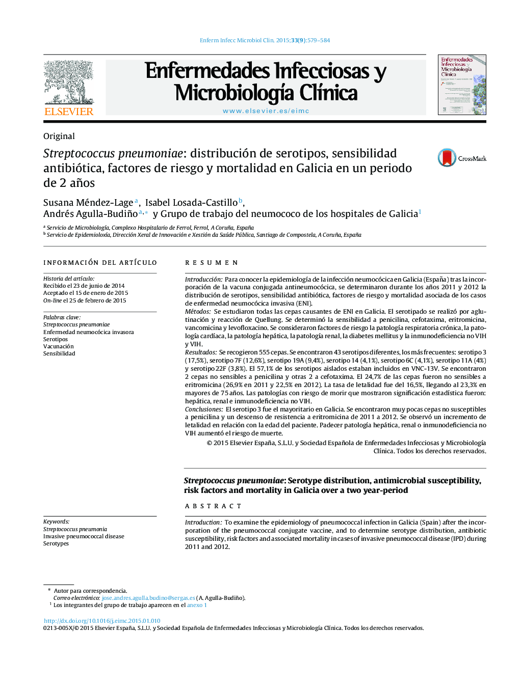 Streptococcus pneumoniae: distribución de serotipos, sensibilidad antibiótica, factores de riesgo y mortalidad en Galicia en un periodo de 2 años