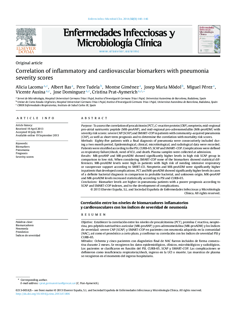 Correlation of inflammatory and cardiovascular biomarkers with pneumonia severity scores