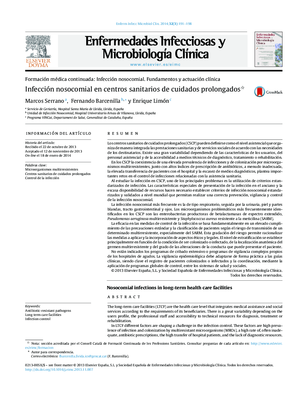 Infección nosocomial en centros sanitarios de cuidados prolongados