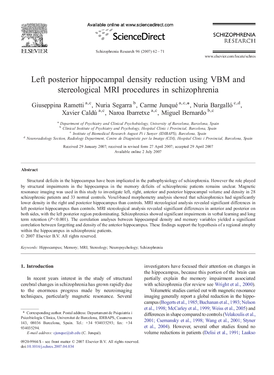 Left posterior hippocampal density reduction using VBM and stereological MRI procedures in schizophrenia