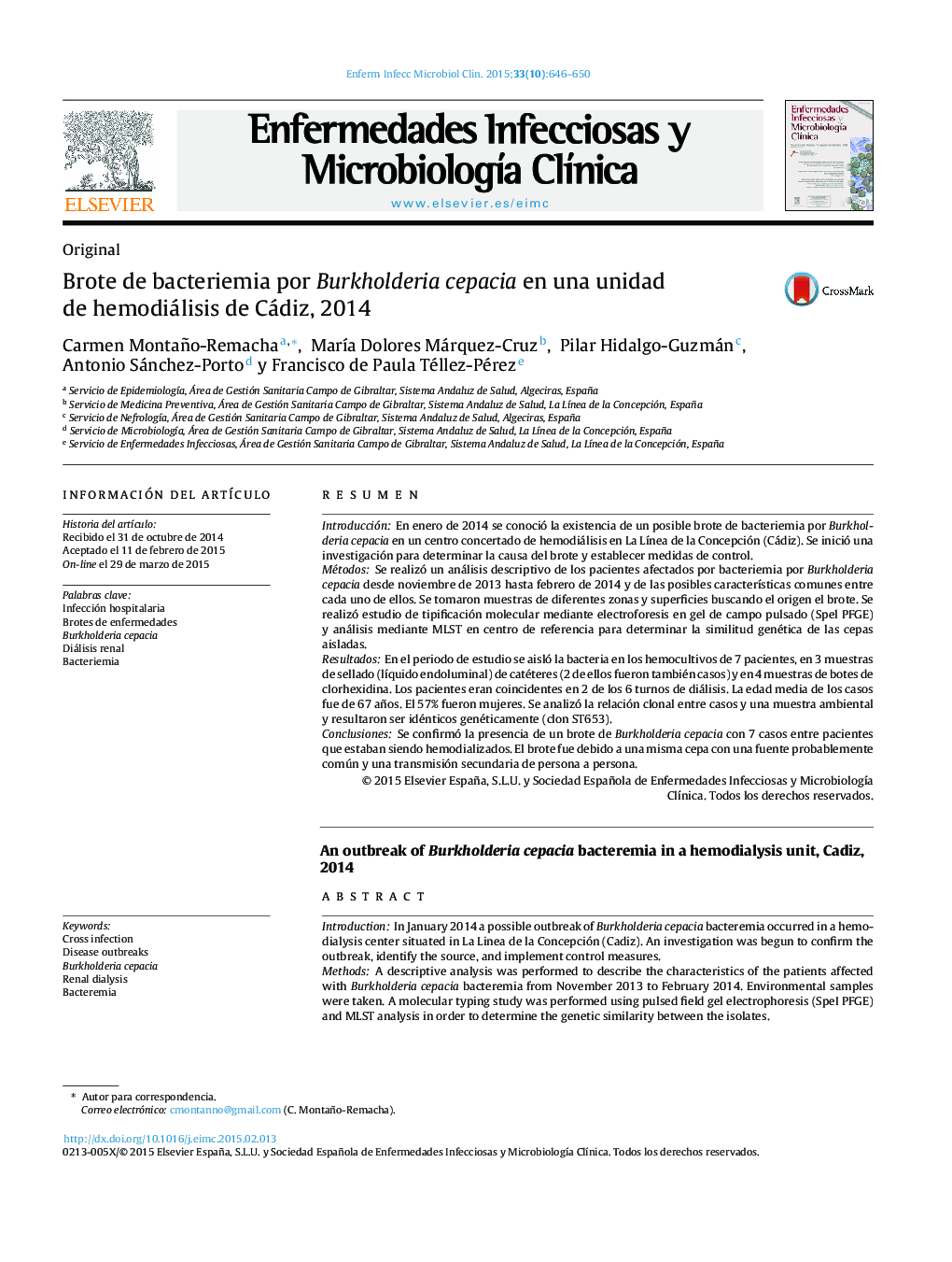 Brote de bacteriemia por Burkholderia cepacia en una unidad de hemodiálisis de Cádiz, 2014