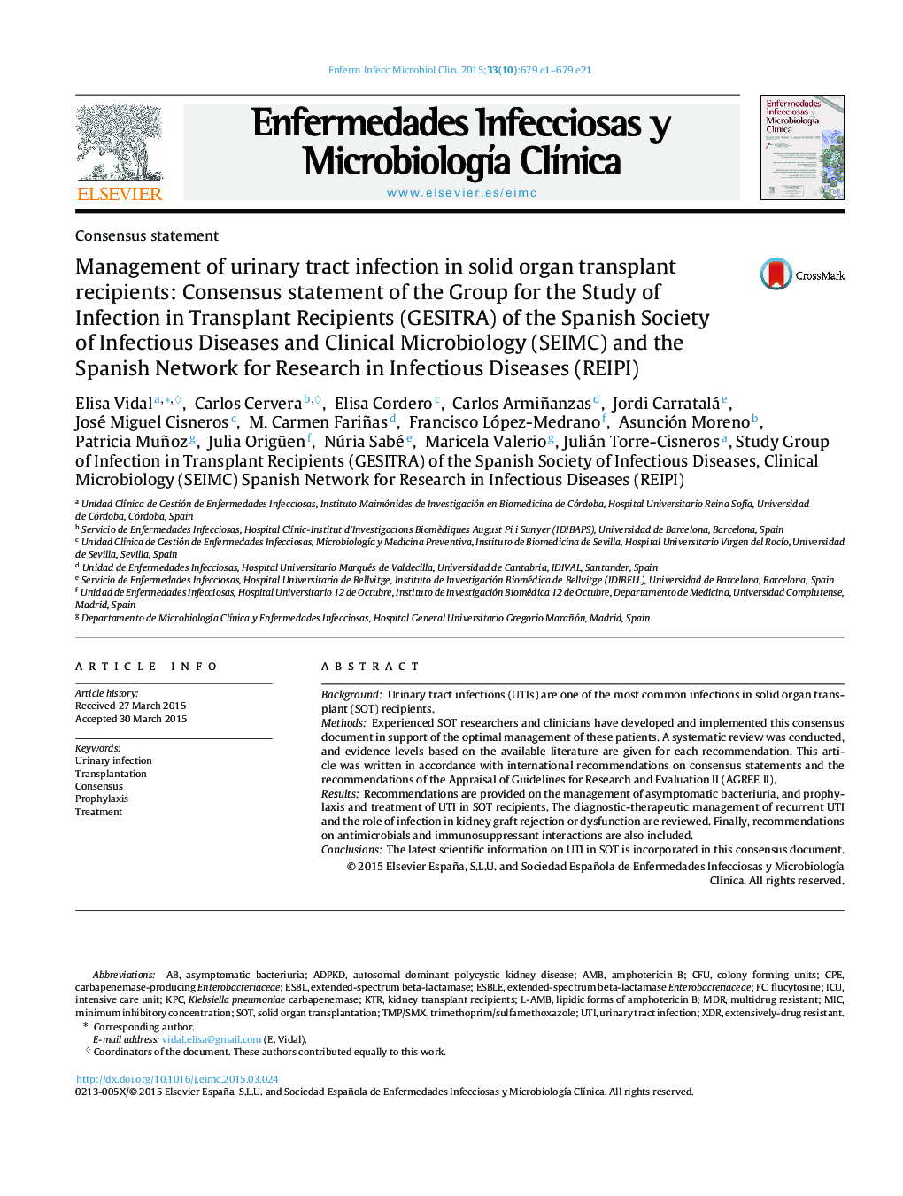 Management of urinary tract infection in solid organ transplant recipients: Consensus statement of the Group for the Study of Infection in Transplant Recipients (GESITRA) of the Spanish Society of Infectious Diseases and Clinical Microbiology (SEIMC) and 