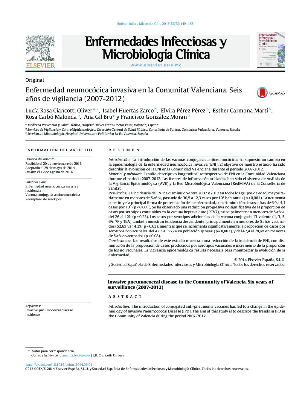 بیماری پنوموکوک درگیر در جامعه والنسیا. شش سال نظارت (2007-2012) 