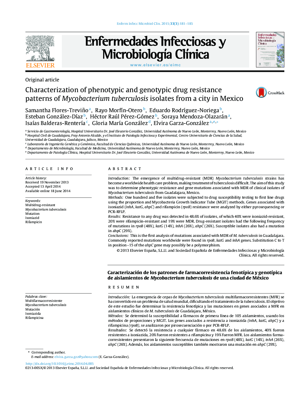 Characterization of phenotypic and genotypic drug resistance patterns of Mycobacterium tuberculosis isolates from a city in Mexico