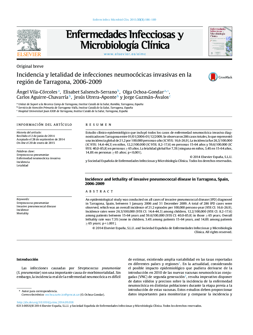 Incidencia y letalidad de infecciones neumocócicas invasivas en la región de Tarragona, 2006-2009