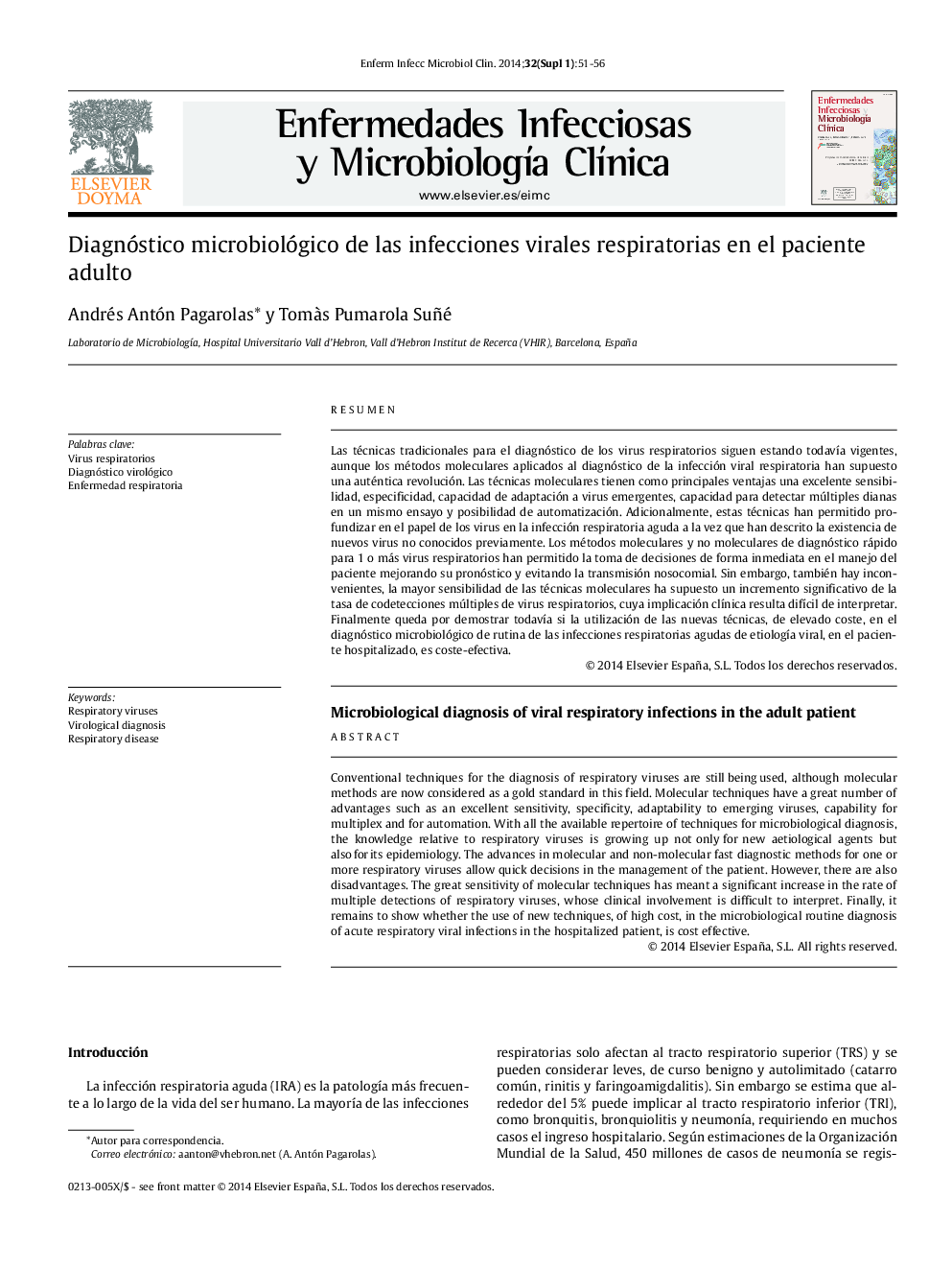 Diagnóstico microbiológico de las infecciones virales respiratorias en el paciente adulto