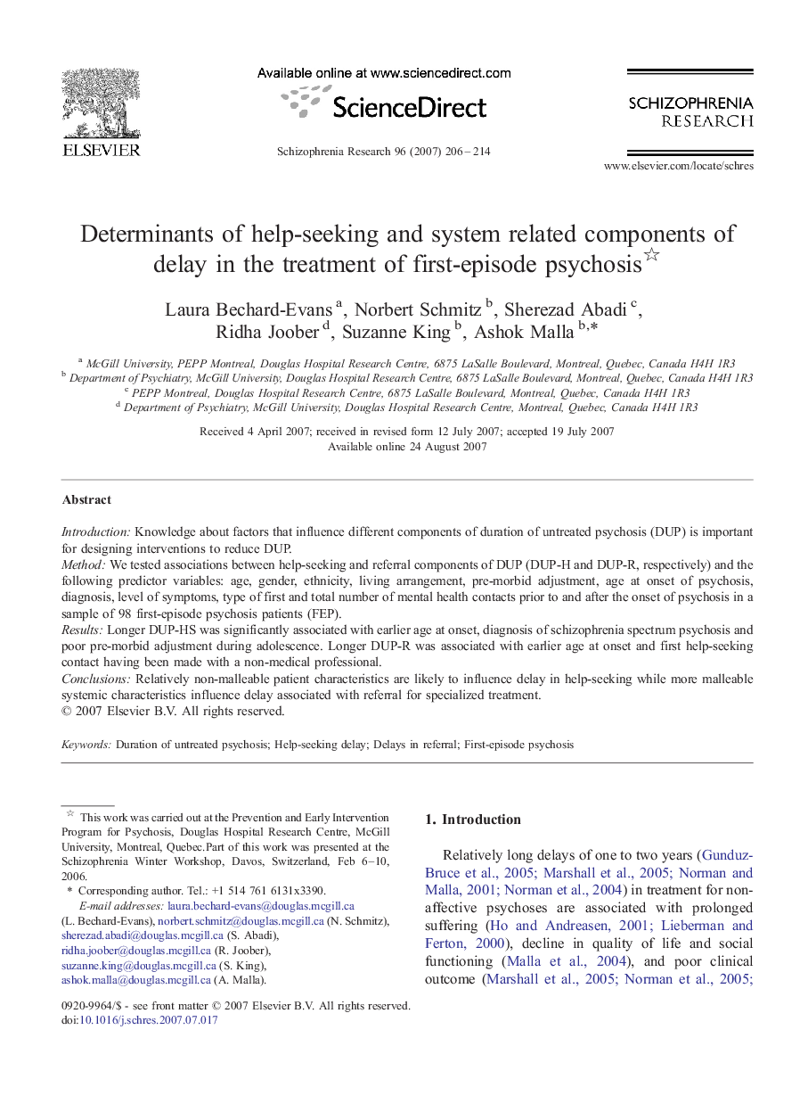 Determinants of help-seeking and system related components of delay in the treatment of first-episode psychosis 