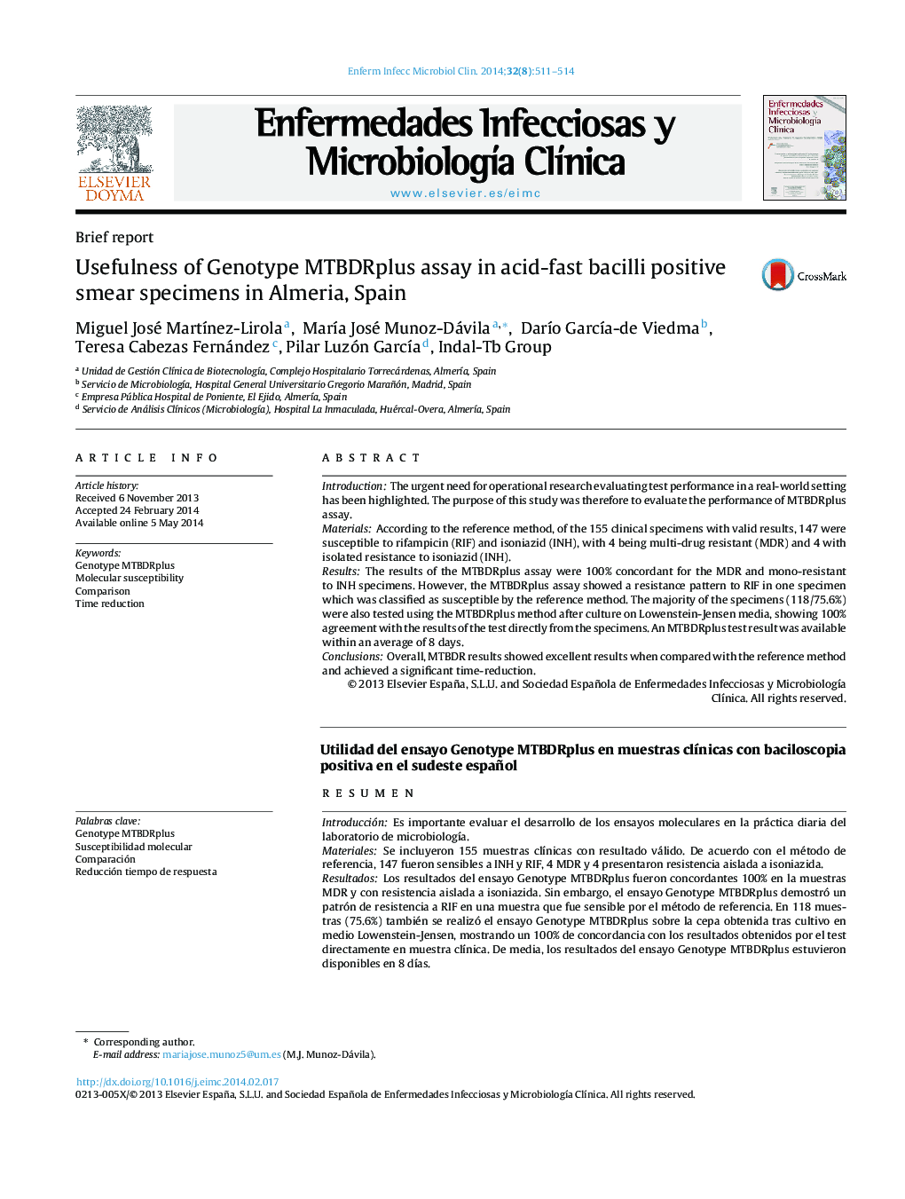 Usefulness of Genotype MTBDRplus assay in acid-fast bacilli positive smear specimens in Almeria, Spain