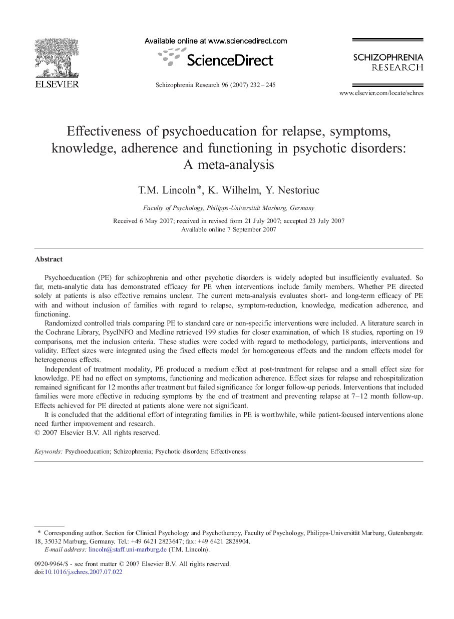 Effectiveness of psychoeducation for relapse, symptoms, knowledge, adherence and functioning in psychotic disorders: A meta-analysis