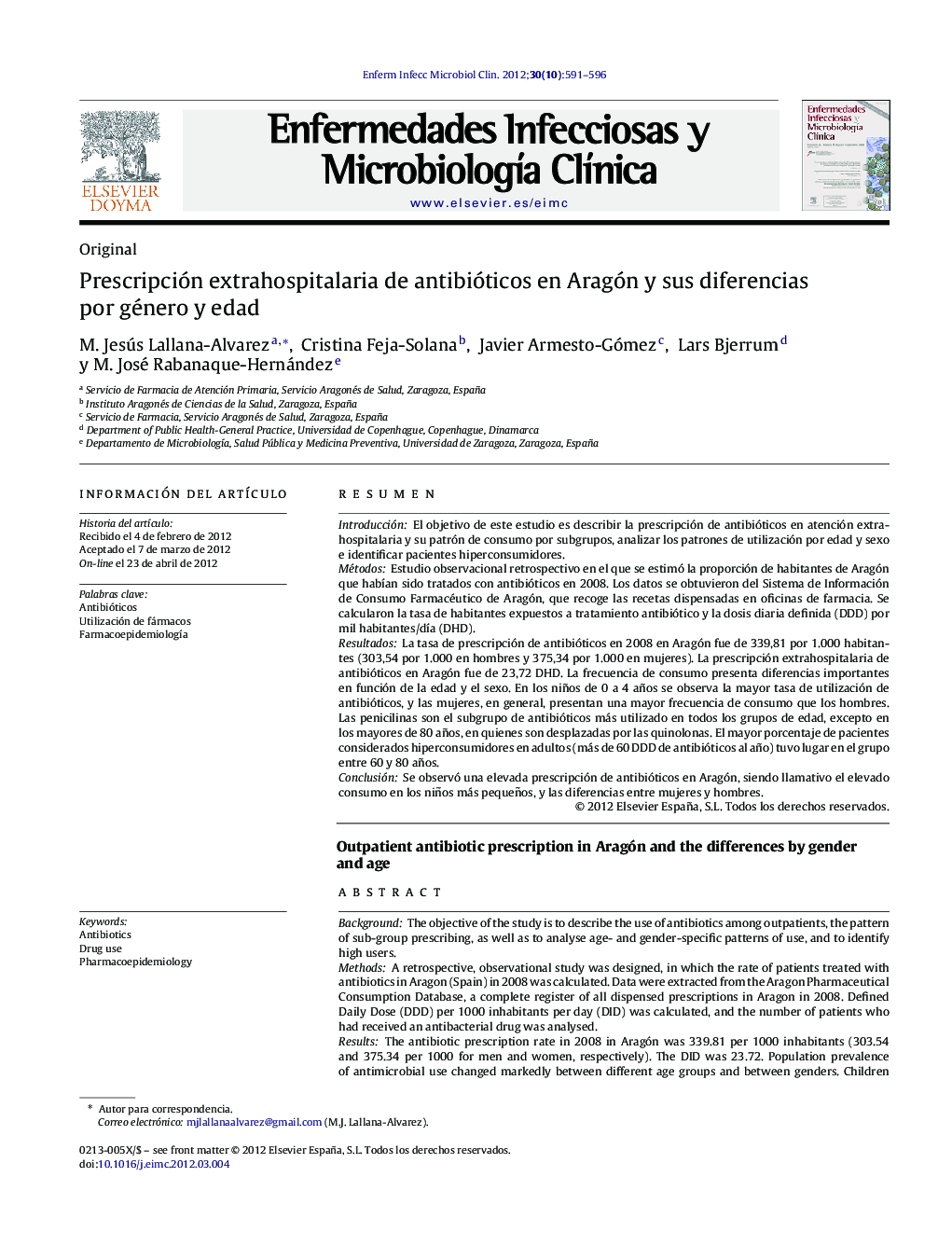 Prescripción extrahospitalaria de antibióticos en Aragón y sus diferencias por género y edad