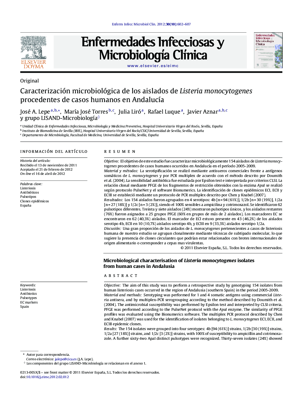 Caracterización microbiológica de los aislados de Listeria monocytogenes procedentes de casos humanos en AndalucÃ­a