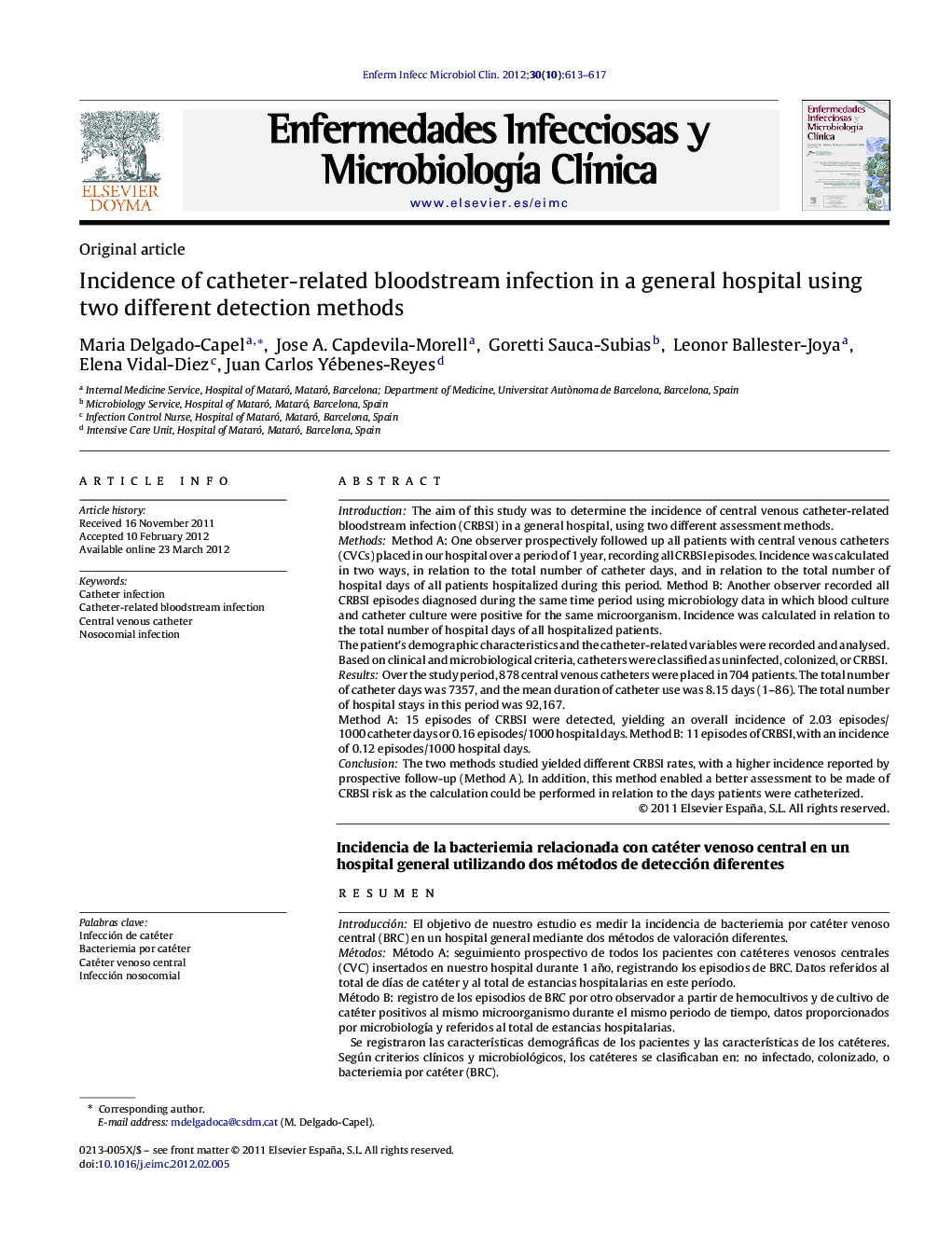 Incidence of catheter-related bloodstream infection in a general hospital using two different detection methods