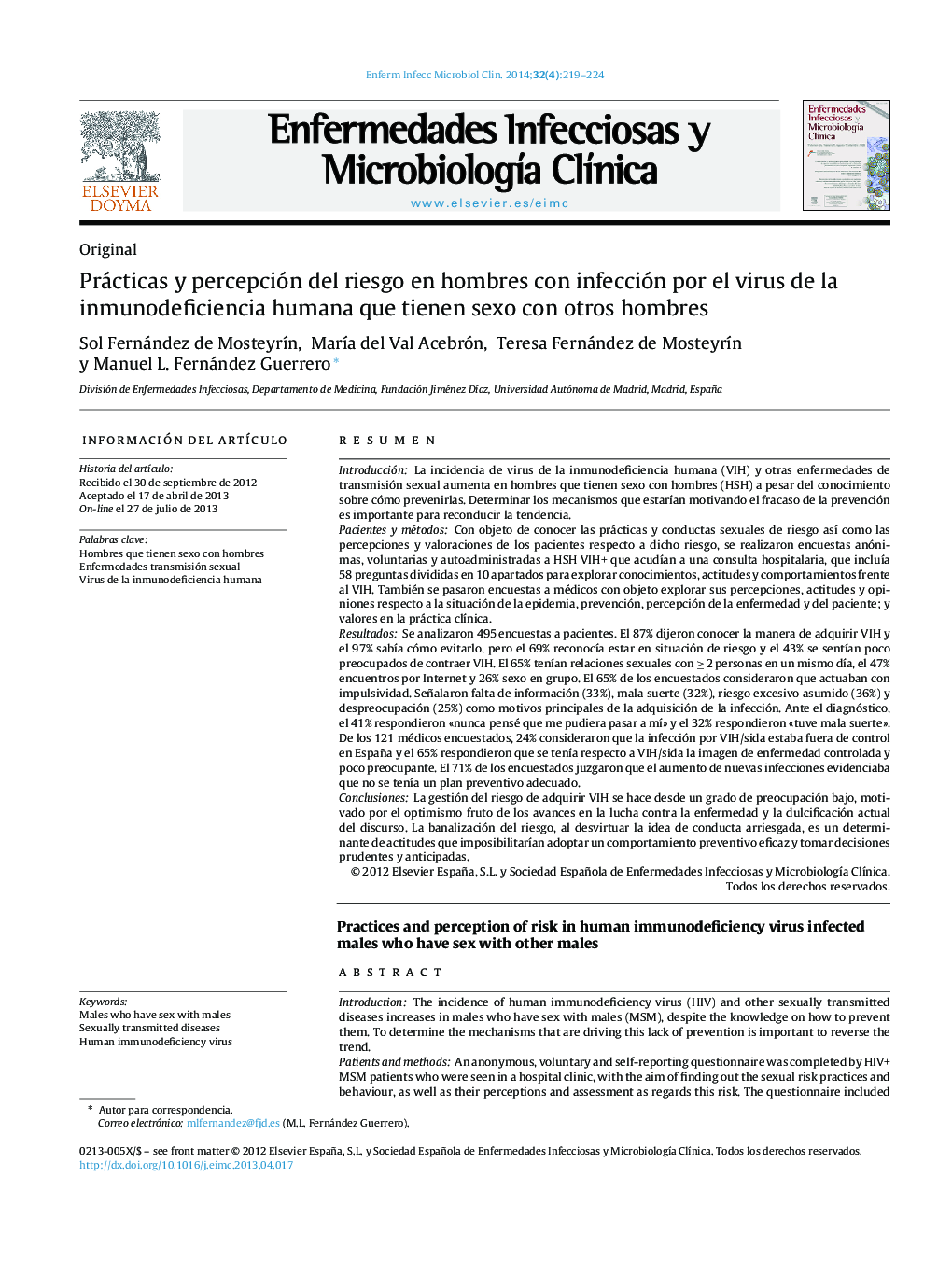 Prácticas y percepción del riesgo en hombres con infección por el virus de la inmunodeficiencia humana que tienen sexo con otros hombres