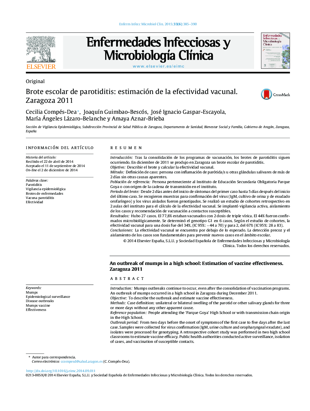 Brote escolar de parotiditis: estimación de la efectividad vacunal. Zaragoza 2011