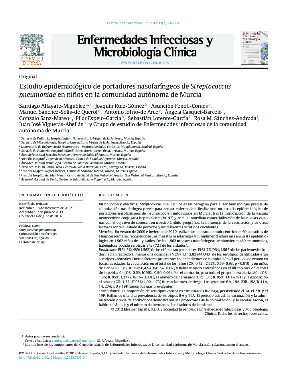 Estudio epidemiológico de portadores nasofarÃ­ngeos de Streptococcus pneumoniae en niños en la comunidad autónoma de Murcia