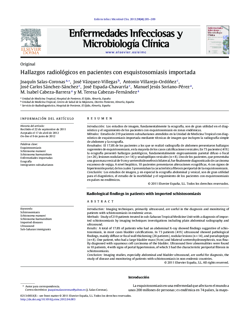 Hallazgos radiológicos en pacientes con esquistosomiasis importada