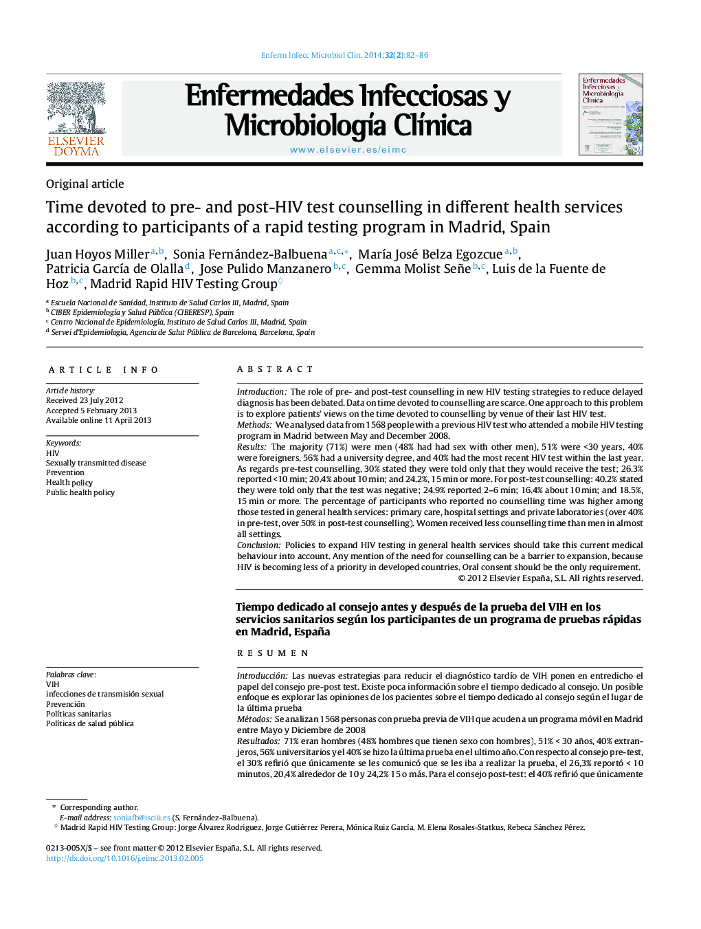 Time devoted to pre- and post-HIV test counselling in different health services according to participants of a rapid testing program in Madrid, Spain