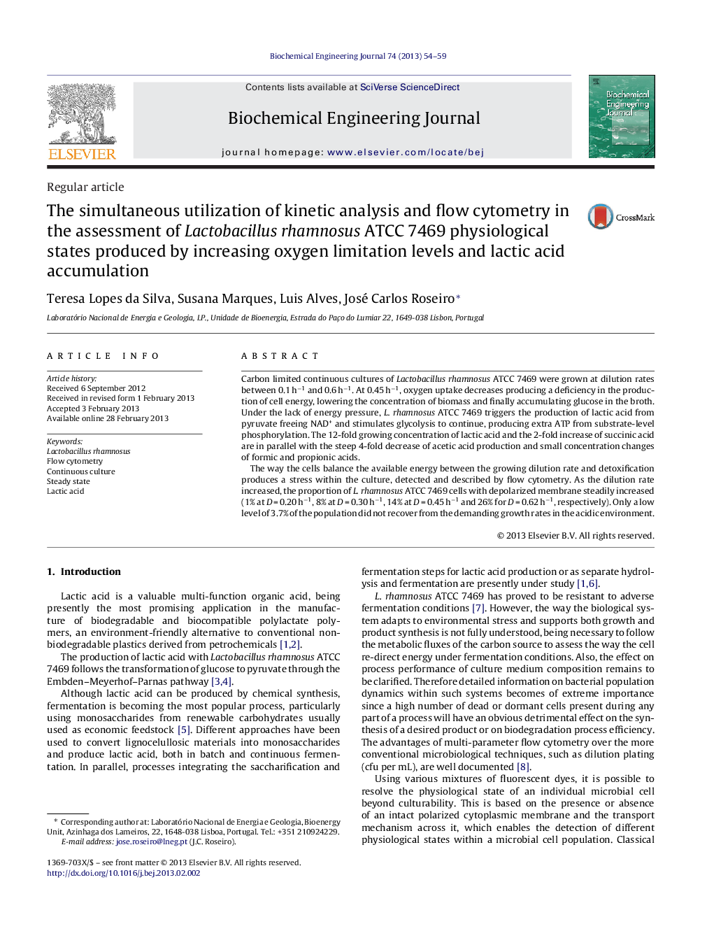 The simultaneous utilization of kinetic analysis and flow cytometry in the assessment of Lactobacillus rhamnosus ATCC 7469 physiological states produced by increasing oxygen limitation levels and lactic acid accumulation