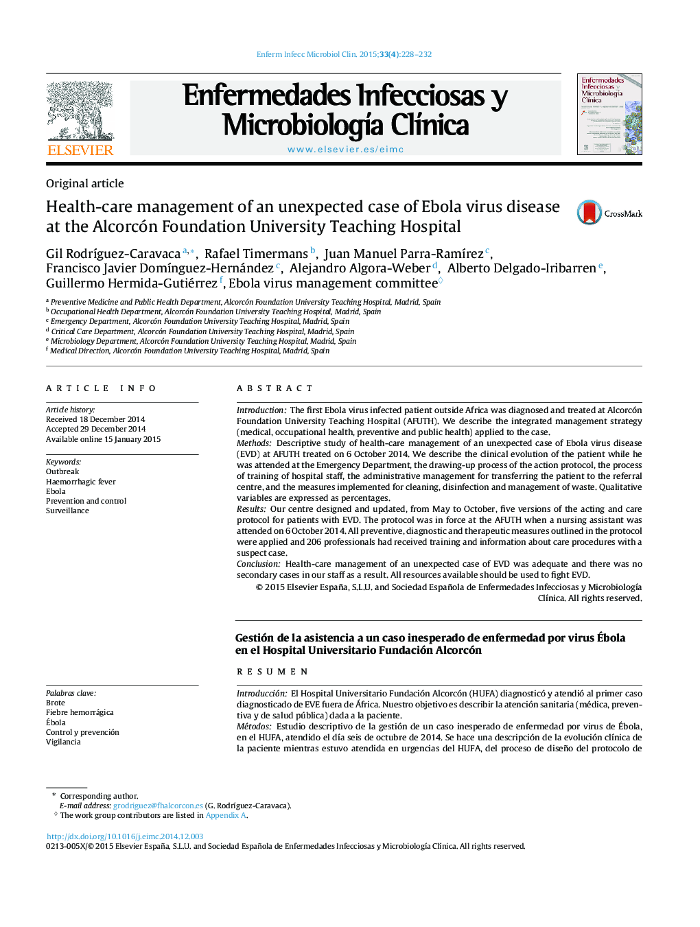 Health-care management of an unexpected case of Ebola virus disease at the Alcorcón Foundation University Teaching Hospital