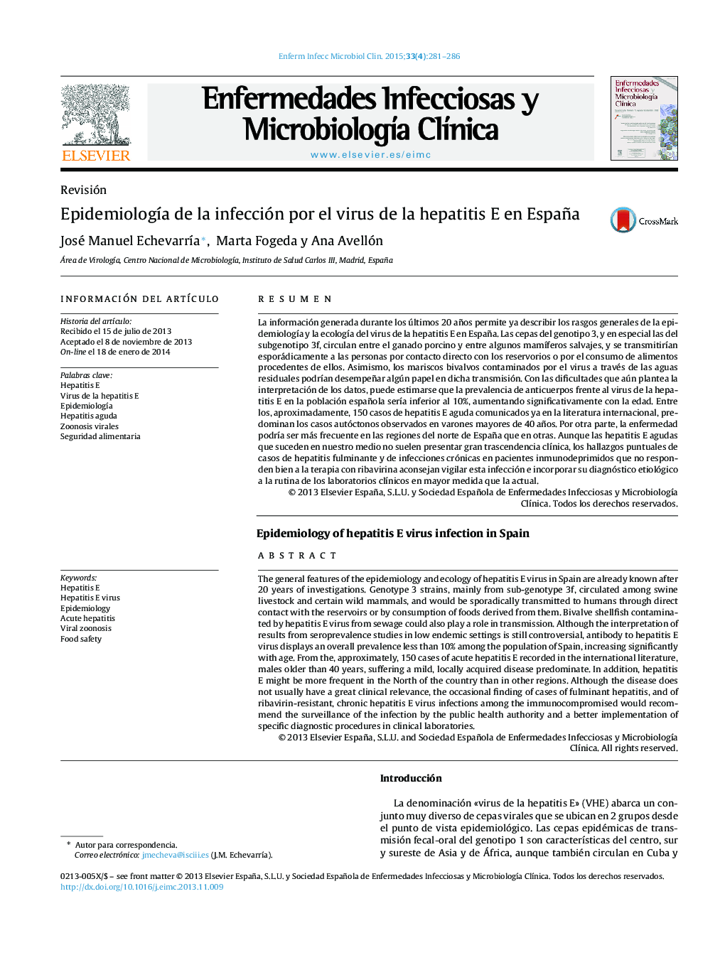 Epidemiología de la infección por el virus de la hepatitis E en España