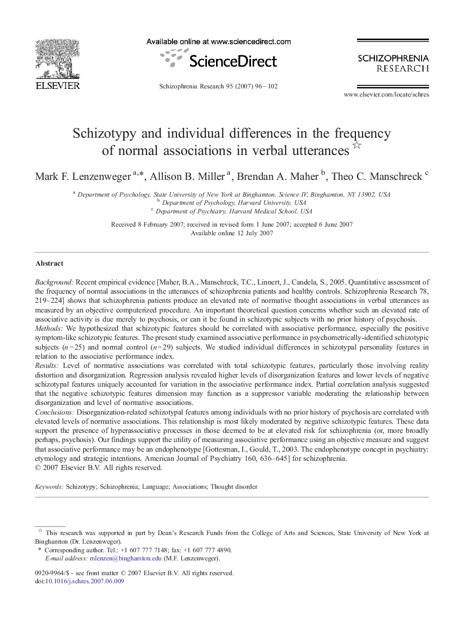 Schizotypy and individual differences in the frequency of normal associations in verbal utterances 