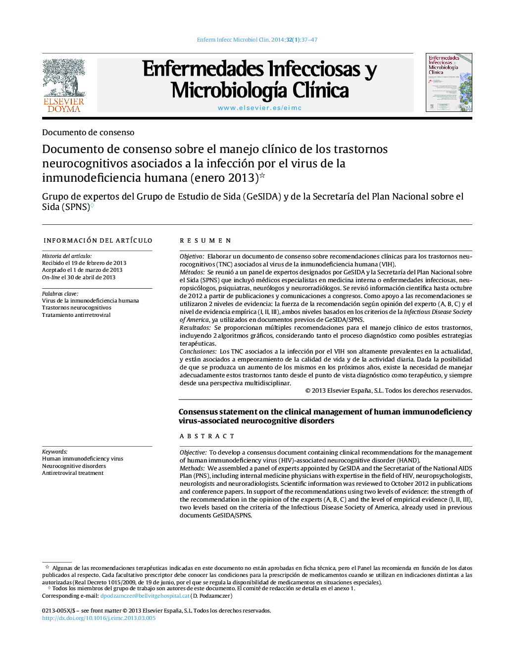 Documento de consenso sobre el manejo clínico de los trastornos neurocognitivos asociados a la infección por el virus de la inmunodeficiencia humana (enero 2013) 