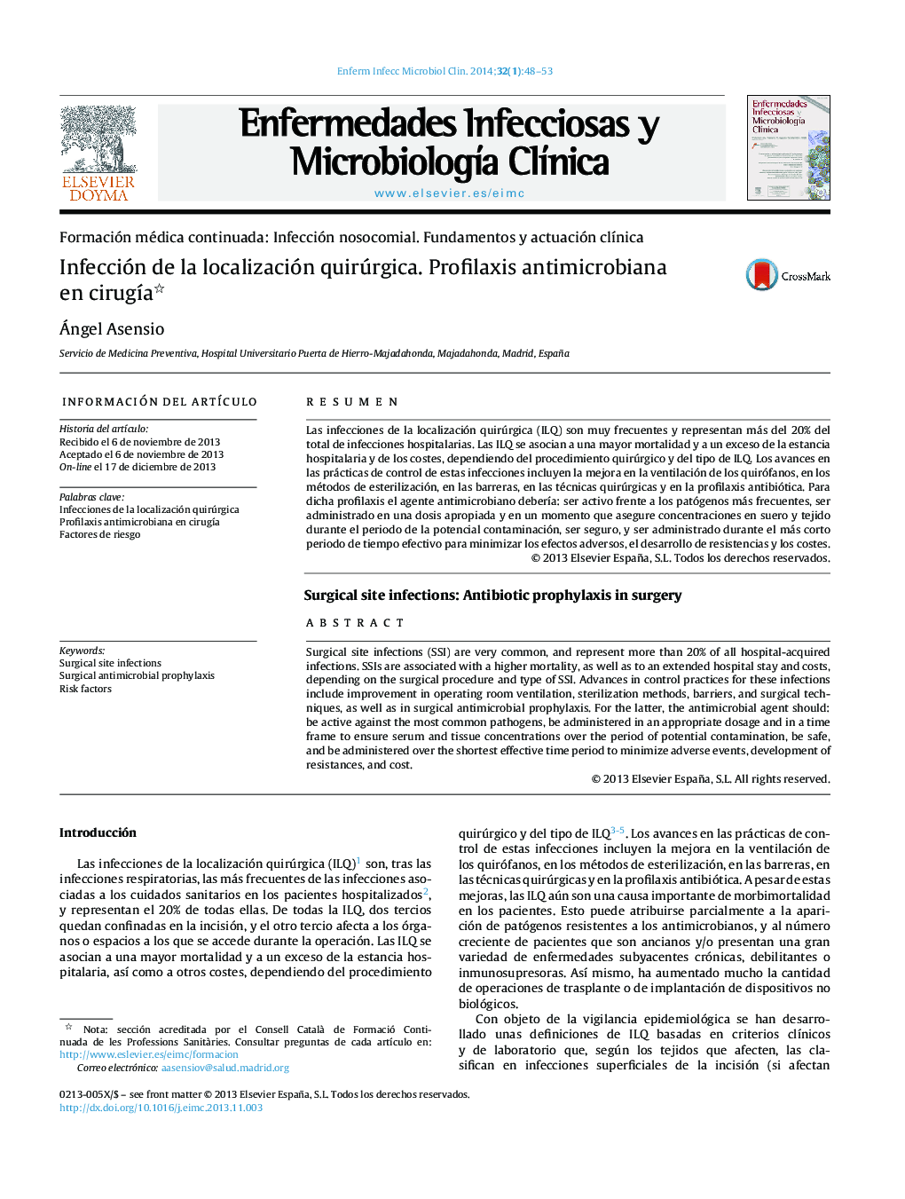 Infección de la localización quirúrgica. Profilaxis antimicrobiana en cirugía 