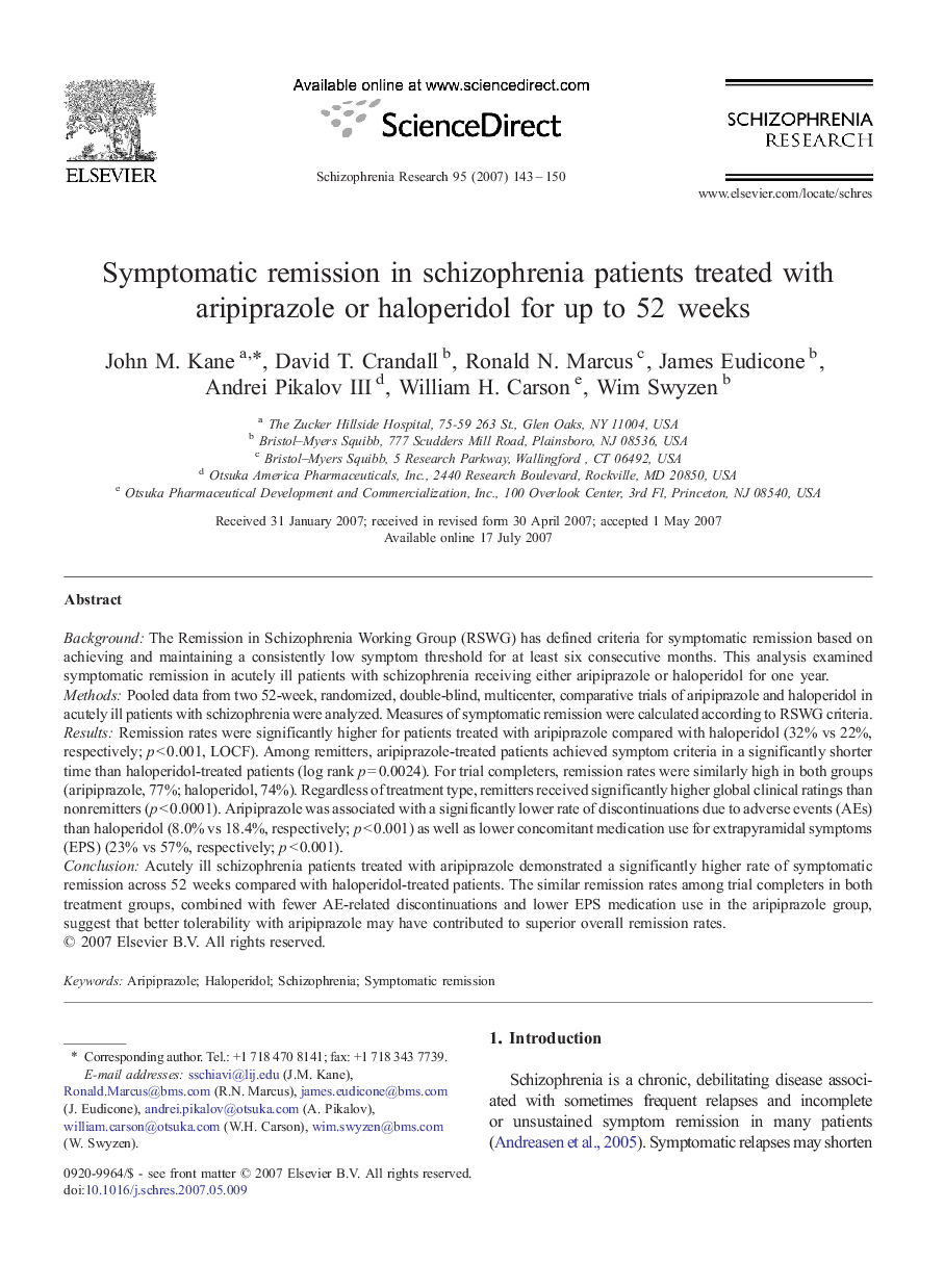 Symptomatic remission in schizophrenia patients treated with aripiprazole or haloperidol for up to 52  weeks