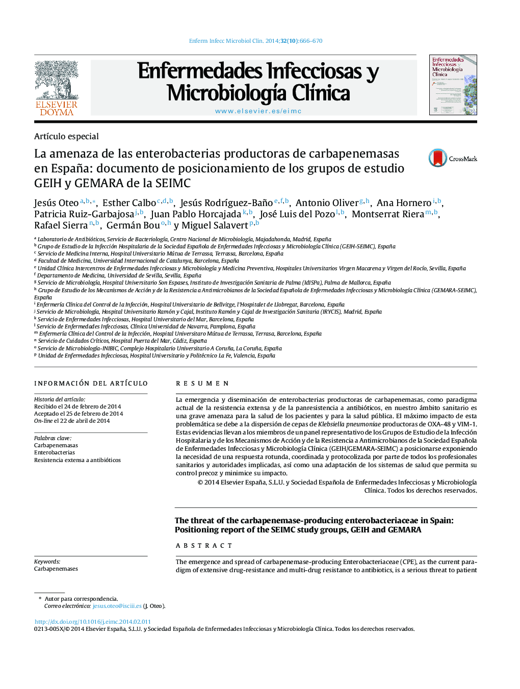 La amenaza de las enterobacterias productoras de carbapenemasas en España: documento de posicionamiento de los grupos de estudio GEIH y GEMARA de la SEIMC