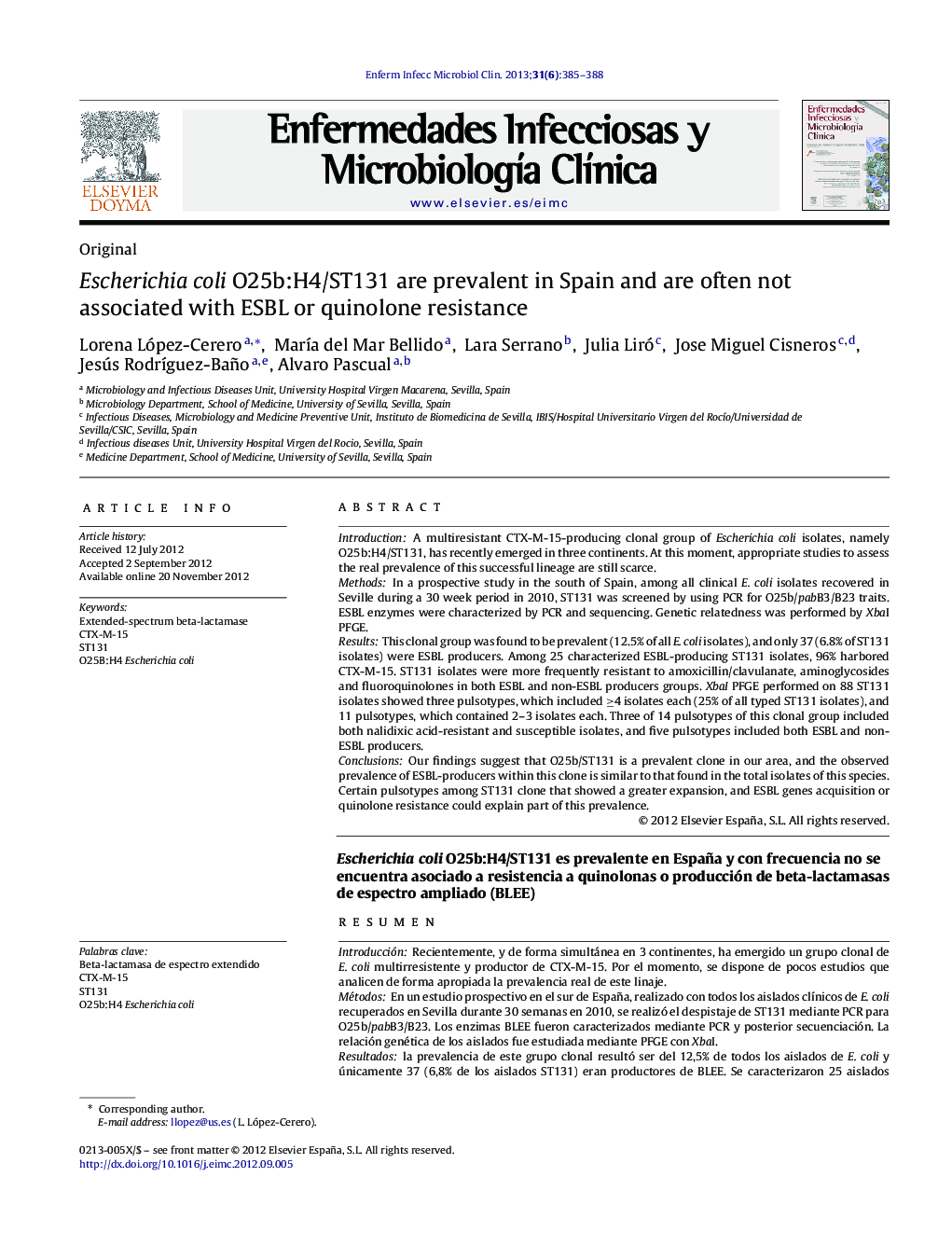 Escherichia coli O25b:H4/ST131 are prevalent in Spain and are often not associated with ESBL or quinolone resistance