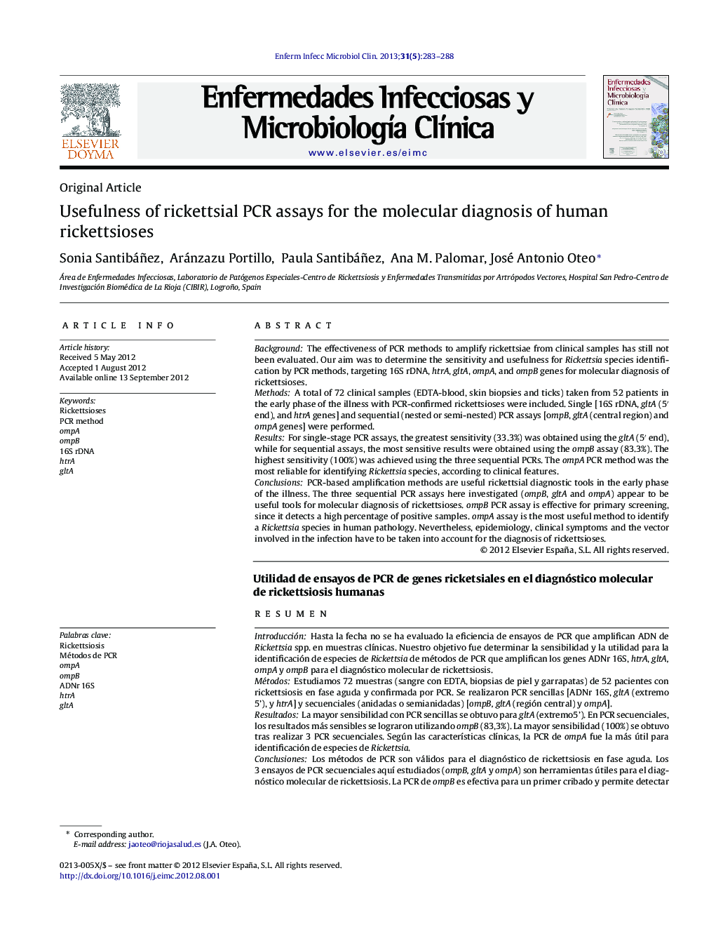 عکس صفحه اول مقاله: Usefulness of rickettsial PCR assays for the molecular diagnosis of human rickettsioses Usefulness of rickettsial PCR assays for the molecular diagnosis of human rickettsioses