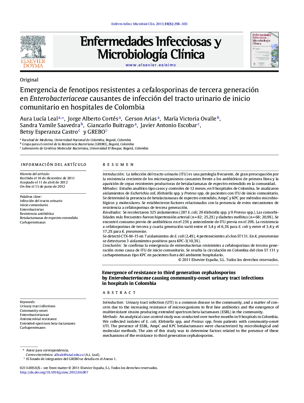 Emergencia de fenotipos resistentes a cefalosporinas de tercera generación en Enterobacteriaceae causantes de infección del tracto urinario de inicio comunitario en hospitales de Colombia