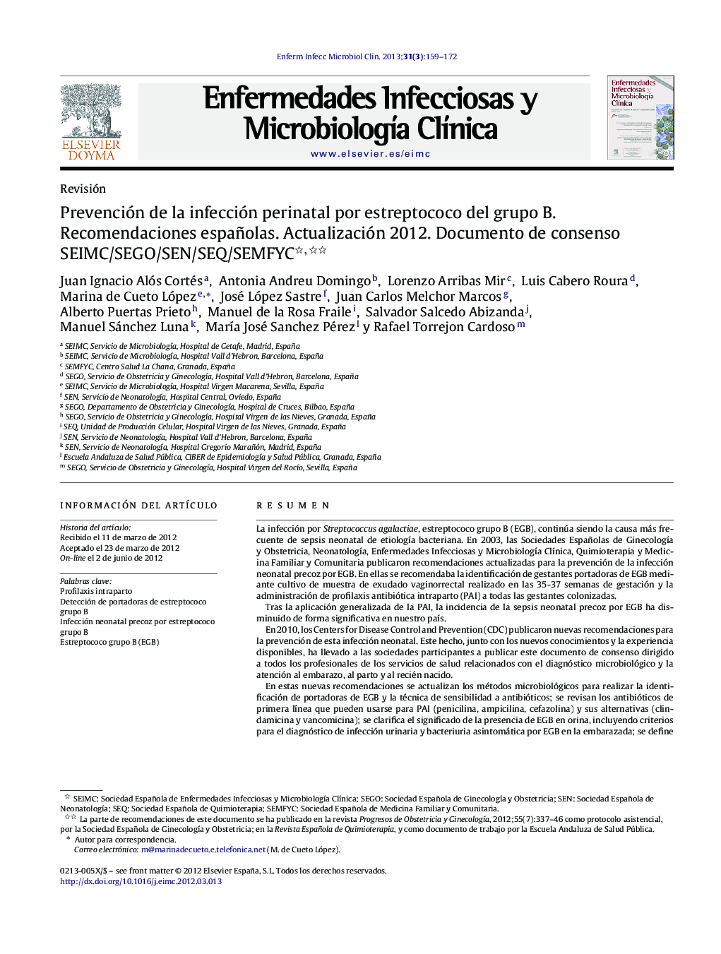 عکس صفحه اول مقاله: Prevención de la infección perinatal por estreptococo del grupo B. Recomendaciones españolas. Actualización 2012. Documento de consenso SEIMC/SEGO/SEN/SEQ/SEMFYC Prevención de la infección perinatal por estreptococo del grupo B. Recomendaciones españolas. Actualización 2012. Documento de consenso SEIMC/SEGO/SEN/SEQ/SEMFYC