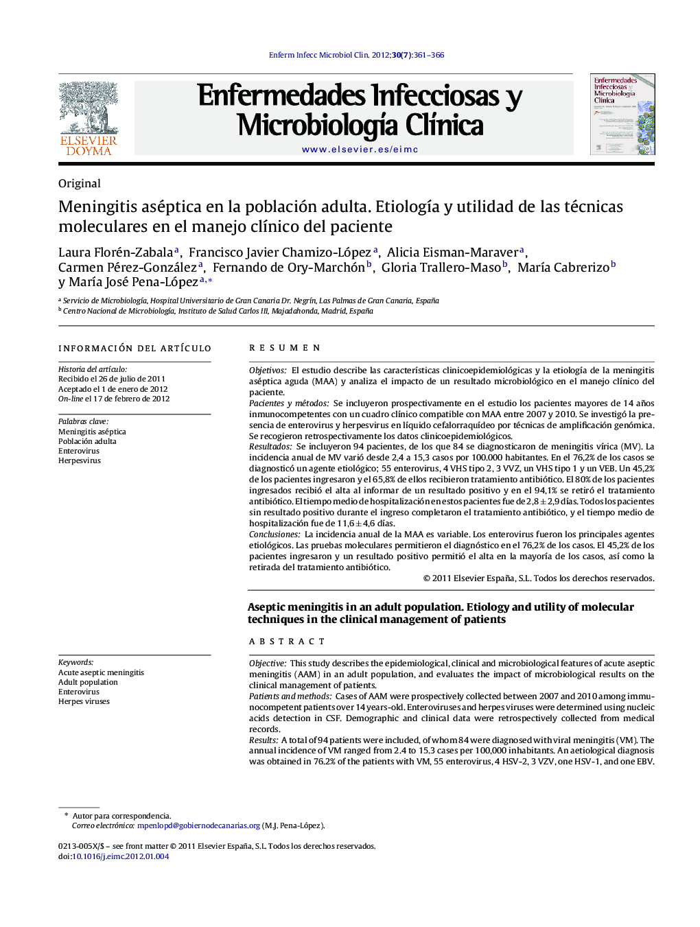 Meningitis aséptica en la población adulta. Etiología y utilidad de las técnicas moleculares en el manejo clínico del paciente