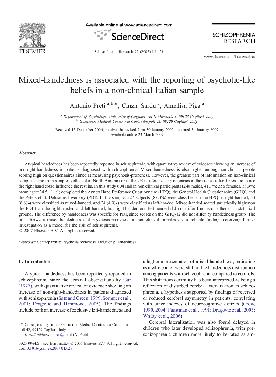Mixed-handedness is associated with the reporting of psychotic-like beliefs in a non-clinical Italian sample