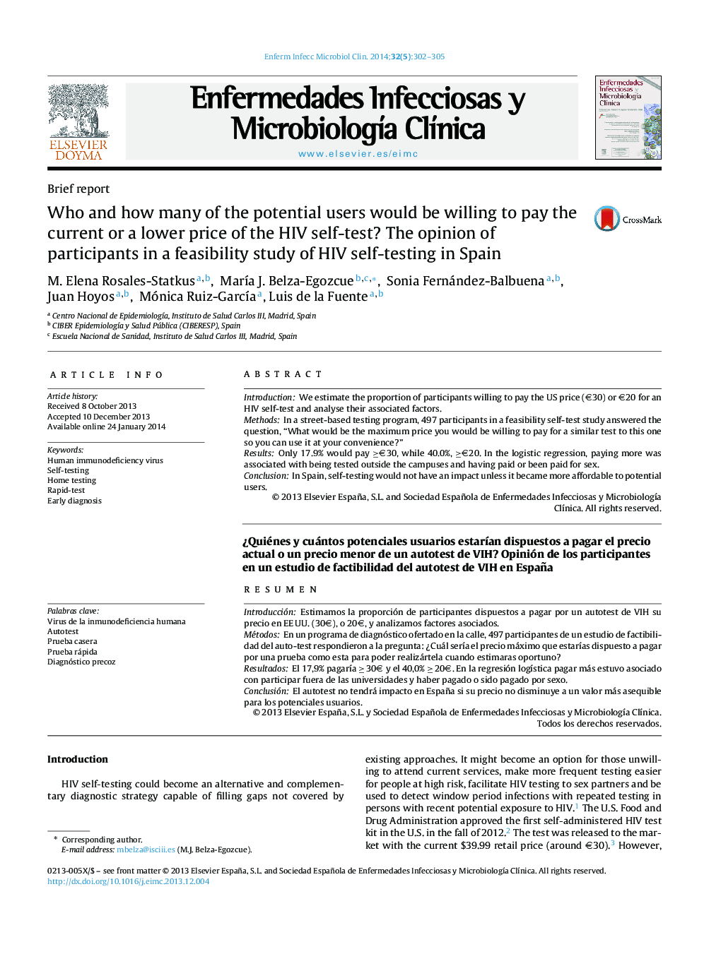 Who and how many of the potential users would be willing to pay the current or a lower price of the HIV self-test? The opinion of participants in a feasibility study of HIV self-testing in Spain