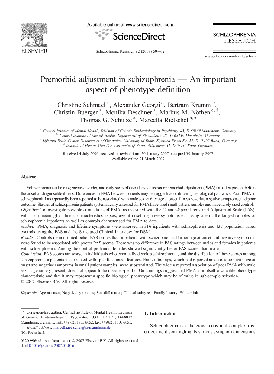 Premorbid adjustment in schizophrenia — An important aspect of phenotype definition