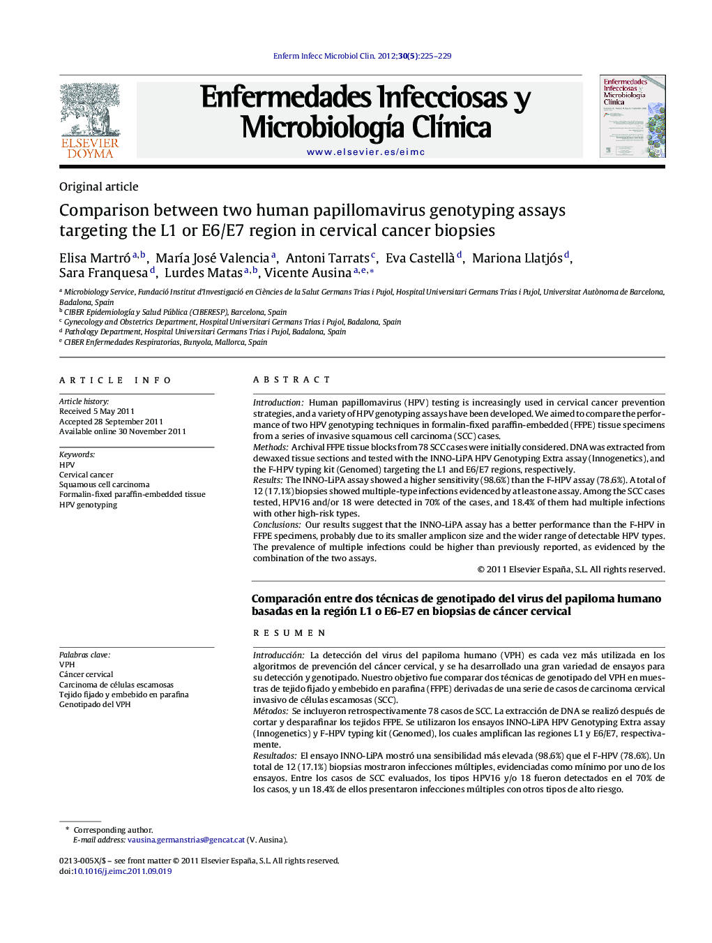 Comparison between two human papillomavirus genotyping assays targeting the L1 or E6/E7 region in cervical cancer biopsies