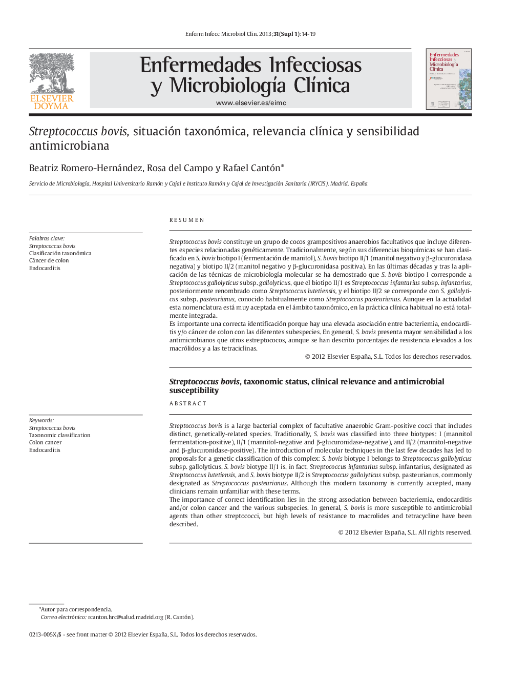 Streptococcus bovis, situación taxonómica, relevancia clínica y sensibilidad antimicrobiana