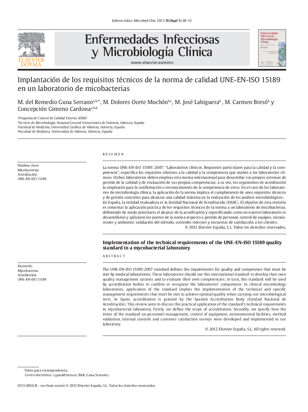 Implantación de los requisitos técnicos de la norma de calidad UNE-EN-ISO 15189 en un laboratorio de micobacterias