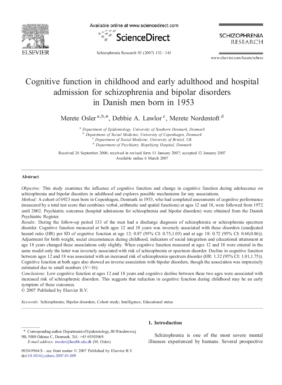 Cognitive function in childhood and early adulthood and hospital admission for schizophrenia and bipolar disorders in Danish men born in 1953